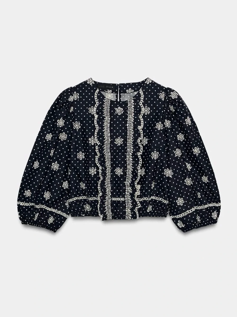 NWT Zara Women's Navy & White Embroidered Puff-Sleeve Blouse